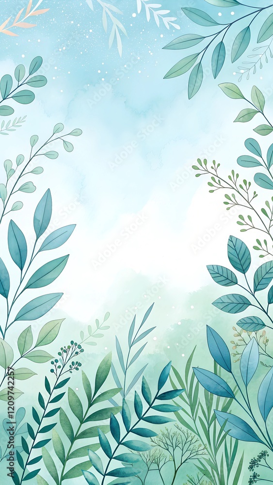 Serene watercolor foliage, teal and mint leaves frame a soft, dreamy background. Perfect for invitations or prints! Serene watercolor foliage, teal and mint leaves frame a soft, dreamy background. Perfect for invitations or prints!