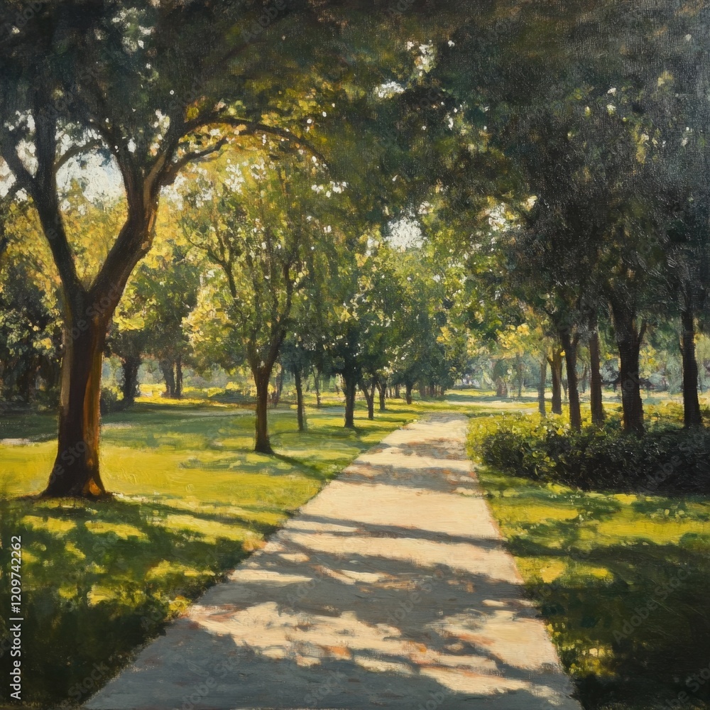 Sunlight Dappled Pathway Through Trees In Park Landscape Sunlight Dappled Pathway Through Trees In Park Landscape