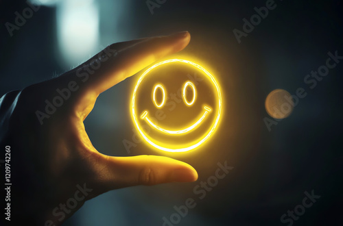 glowing smiley face illuminated by a hand in a dark background, positive emotion concept
