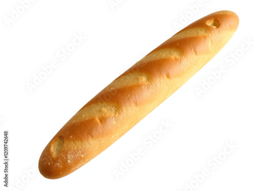A long breadstick rests on a clean white background, showcasing its golden-brown crust and elongated shape.
