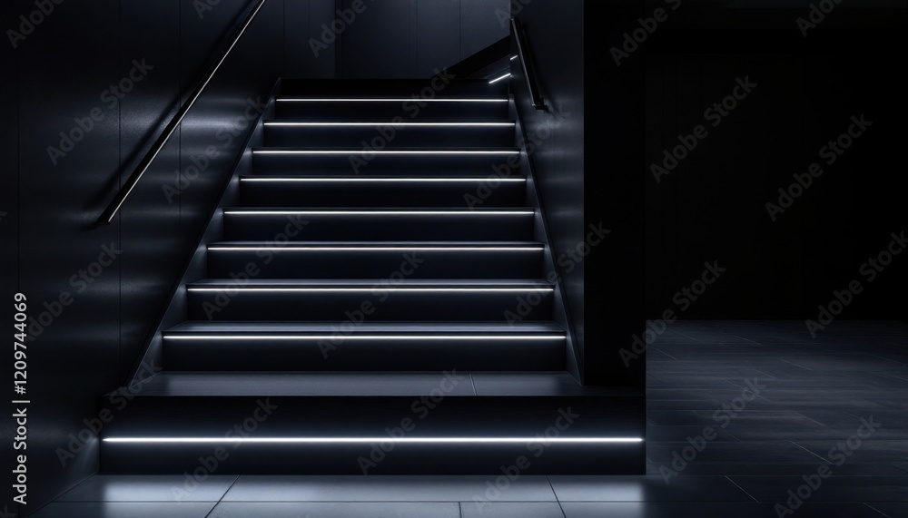 Modern dark staircase with led lighting in minimalist interior design Modern dark staircase with led lighting in minimalist interior design