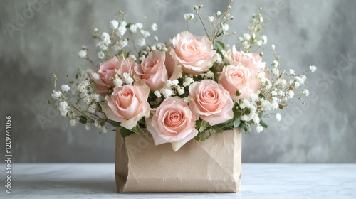 Elegant Pink Roses and Baby's Breath in Envelope on Marble Surface