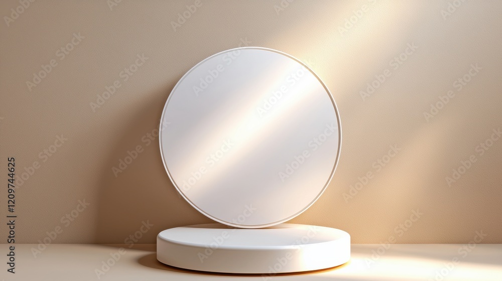 A white circular podium illuminated by soft, diffused light against a plain beige background A white circular podium illuminated by soft, diffused light against a plain beige background