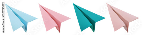 Paper planes in pastel colors flying forward isolated on transparent background