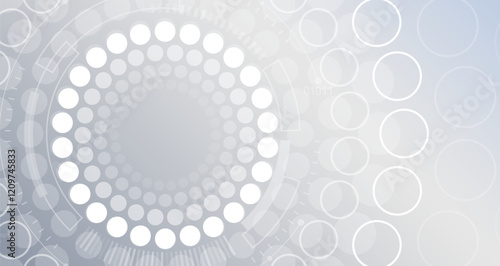 Sci-fi gray background with various technology elements. Science concept, circles with shadows and lines. Abstract hi tech communication for presentation or banner.