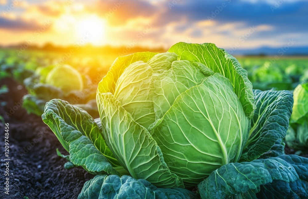 Fototapeta premium Large green cabbage thriving in a sunlit field at sunset in rural farmland