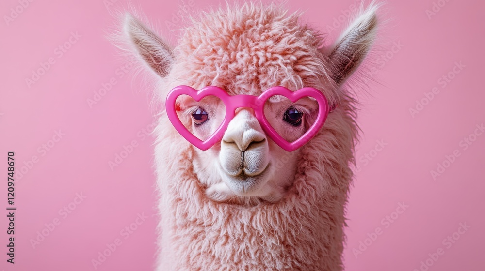 Fototapeta premium Cute lovely alpaca in heart-shaped glasses on the pink background, st.valentine's day concept