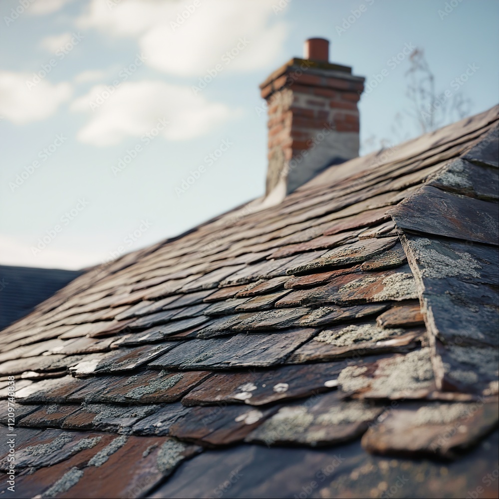 Naklejka premium Weathered Slate Roof Texture: Rustic Charm of an Old House