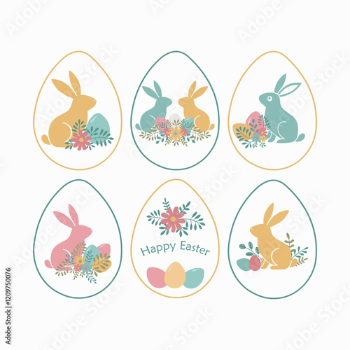 Set easter compositions with bunny inside an egg.