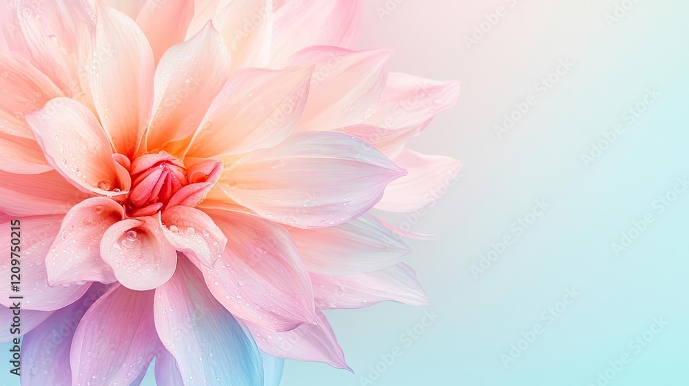 Fototapeta premium Pastel spring idea. A vibrant and delicate flower showcasing pink and white petals against a soft backdrop.