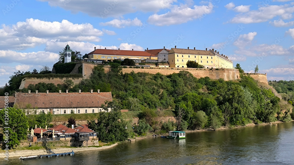 Fototapeta premium Petrovaradin Fortress by the Danube river in spring