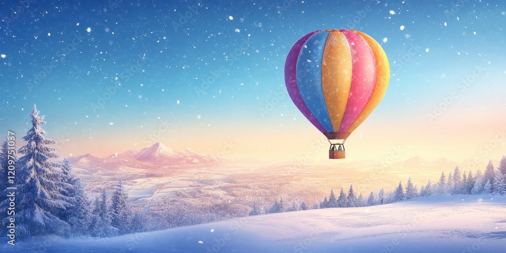 Obraz premium Hot Air Balloon Soaring Over Snowy Winter Mountainscape