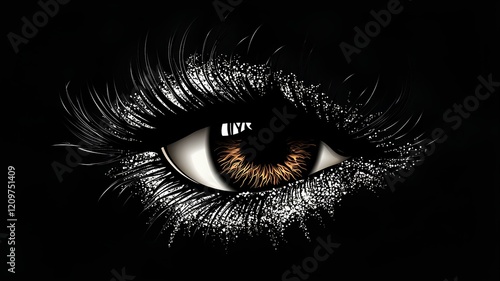 Woman's sexy luxurious eye with makeup and shaped eyebrows and full lashes on black background v8. photo