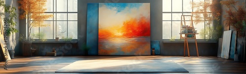 Sunlit art studio with large canvas.