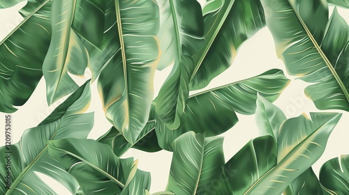 A seamless pattern with tropical leaves in various shades of green on a white background.
