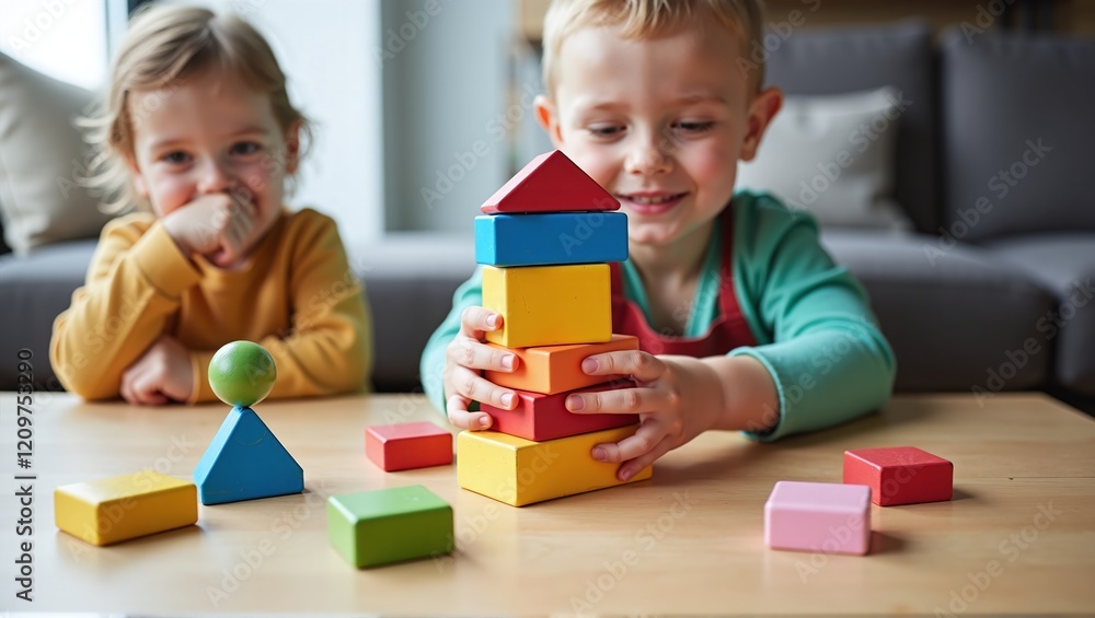 Fototapeta premium Children explore colorful wooden blocks, build, and learn, transforming a bright room into a playground of creativity and cognitive development