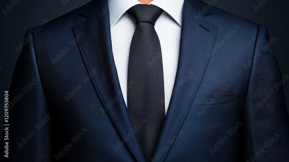 Navy Suit and Tie: A close-up shot of a man's navy blue suit and black tie, showcasing the impeccable tailoring and sophisticated style. The dark background enhances the rich color of the suit. Navy Suit and Tie: A close-up shot of a man's navy blue suit and black tie, showcasing the impeccable tailoring and sophisticated style. The dark background enhances the rich color of the suit.
