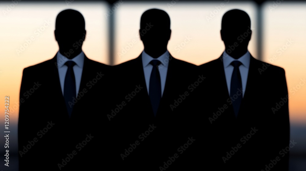The Silent Three: Three figures stand in silhouette, their identities concealed by shadows, facing the viewer against a backdrop of an ethereal sunset. The image evokes mystery, anonymity. The Silent Three: Three figures stand in silhouette, their identities concealed by shadows, facing the viewer against a backdrop of an ethereal sunset. The image evokes mystery, anonymity.