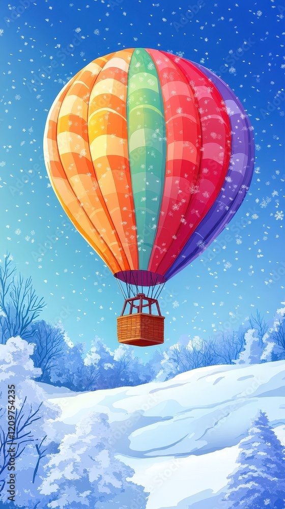 Obraz premium Colorful Hot Air Balloon Soaring Over Snowy Winter Landscape