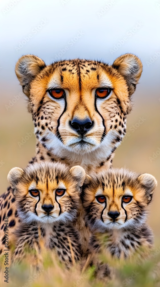 Obraz premium A close-up image of a cheetah mother with two cubs nestled together in a grassy savanna.