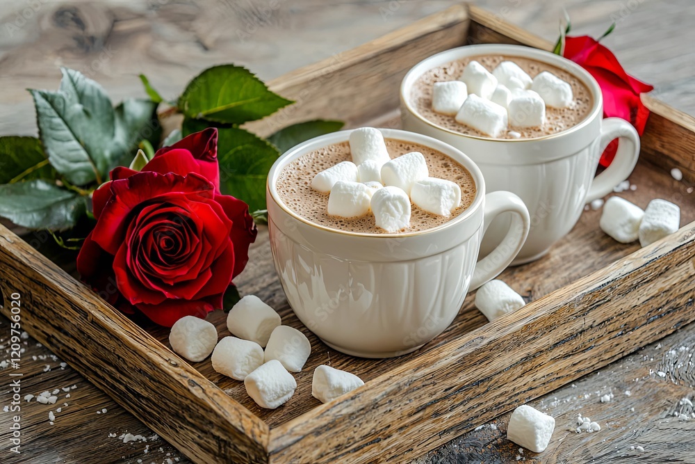 Two cups of hot cocoa with marshmallows placed beside a red rose on a wooden tray. Two cups of hot cocoa with marshmallows placed beside a red rose on a wooden tray.