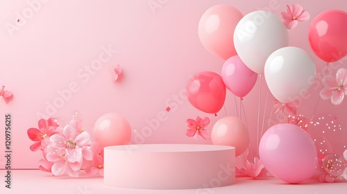 A geometric podium on a soft pastel pink background, providing ample space for products.