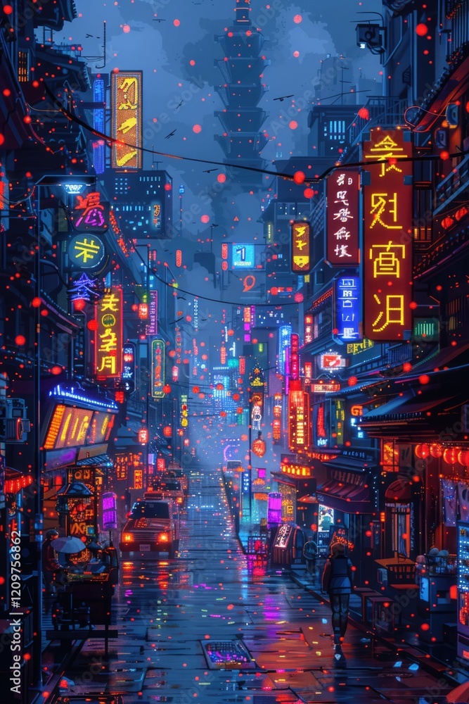 Fototapeta premium A vibrant cyberpunk city at night, illuminated with glowing neon signs, futuristic architecture, and a rainy, atmospheric street. The scene captures the essence of a bustling, sci-fi-inspired metropol