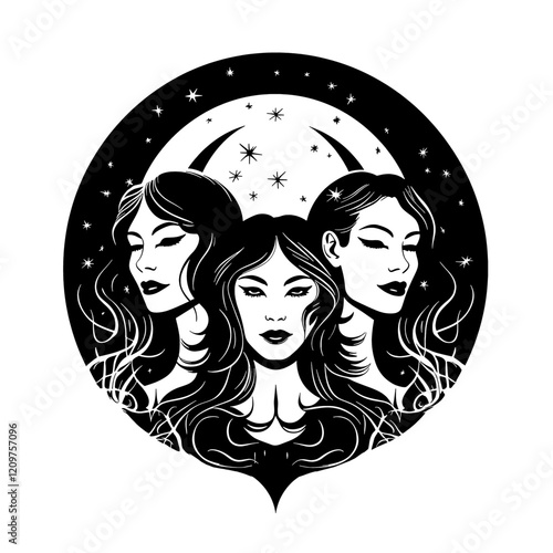 Triple Moon (Triple Goddess) – A Mystical Representation of the Maiden, Mother, and Crone. Perfect for Pagan, Wiccan, and Spiritual Art, Rituals, and Decor. Cycles of Life, Feminine Energy, and Lunar 