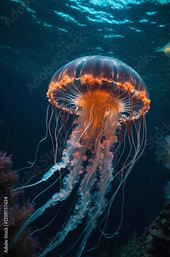 Glowing jelly fish in the deep sea photo