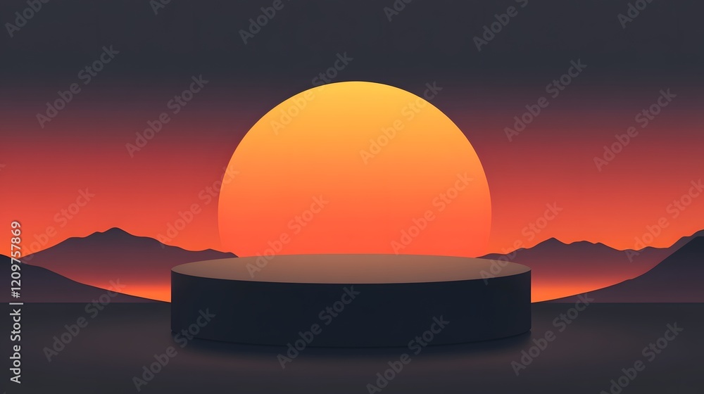 Fototapeta premium A rounded podium with a gradient sunset background, offering space for product showcasing.