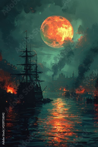 Wallpaper Mural A silhouette of a majestic pirate ship on calm ocean waters, framed by dramatic clouds and a fiery orange sunset. The scene is cinematic, evoking a sense of adventure and mystery. Torontodigital.ca