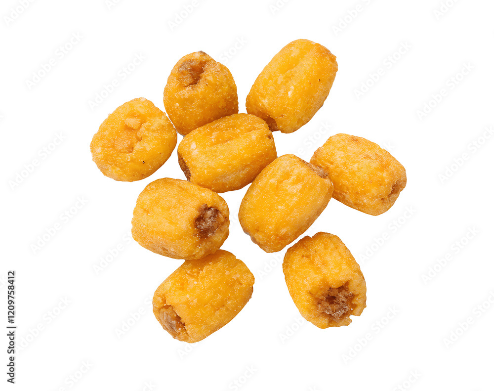 Fototapeta premium Crunchy corn nuts isolated on a white transparent background, golden and crispy, perfect for snack branding, healthy food packaging, party snack ads, and gourmet snack promotions