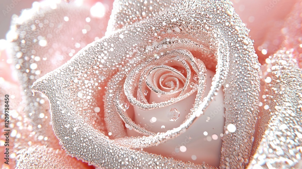 Fototapeta premium Glittering pink rose flower sparkles with crystalline frost and soft bokeh highlights in a macro illustration.