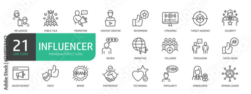Set Of Influencer Line Icons. The set includes a Promotion, Celebrity, Content Creator, Ambassador, Streaming, Marketing, Social Media, Partnership, Brand, and more.