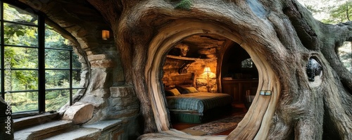 A cozy cottage nestled inside a giant, hollowed-out tree trunk. photo