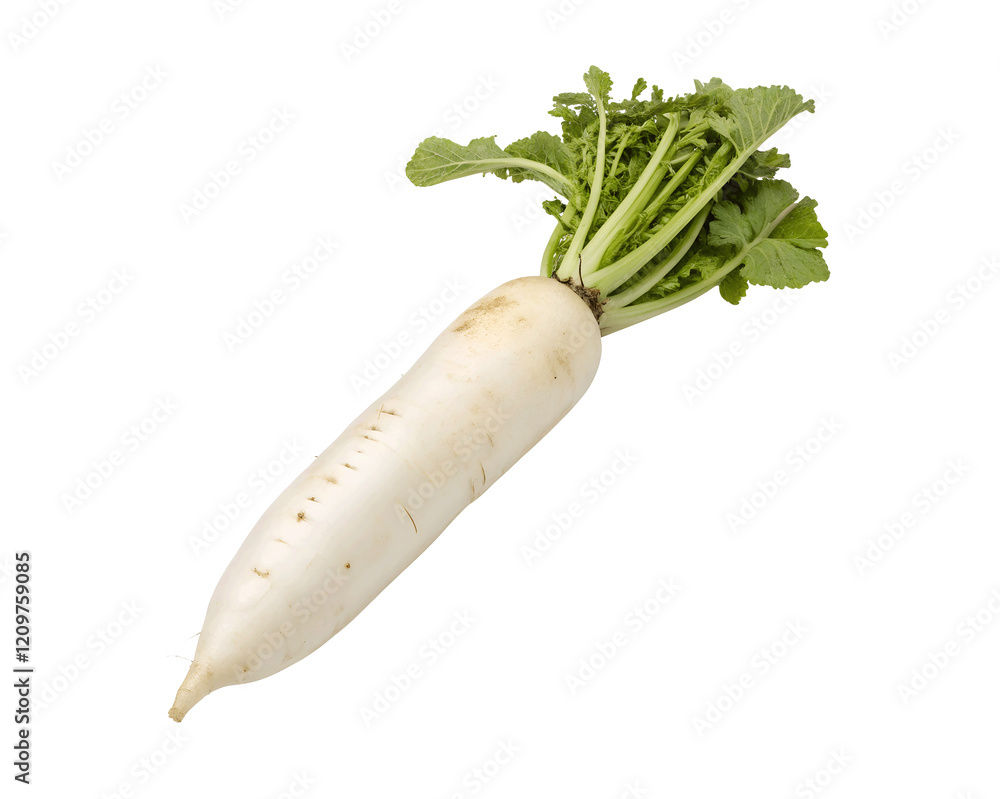 Fresh daikon radish isolated on a white transparent background, crisp and mild-flavored, perfect for organic produce marketing, healthy eating promotions, Asian cuisine recipes, and vegetable branding Fresh daikon radish isolated on a white transparent background, crisp and mild-flavored, perfect for organic produce marketing, healthy eating promotions, Asian cuisine recipes, and vegetable branding