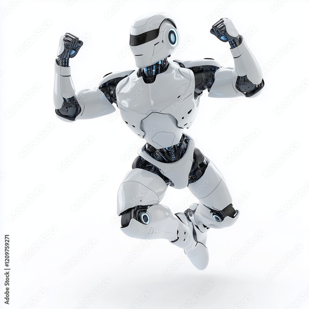 Strong humanoid robot performing an impressive power pose in a minimalist space during daylight, isolated on a white background. Strong humanoid robot performing an impressive power pose in a minimalist space during daylight, isolated on a white background.