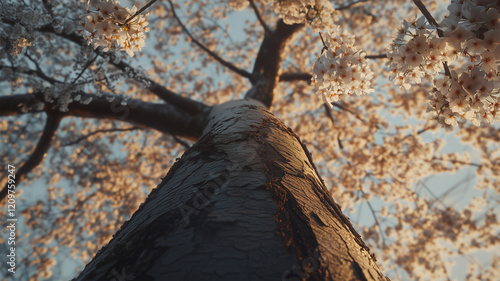 地面から空へと伸びる桜の生命力を感じる視点 photo