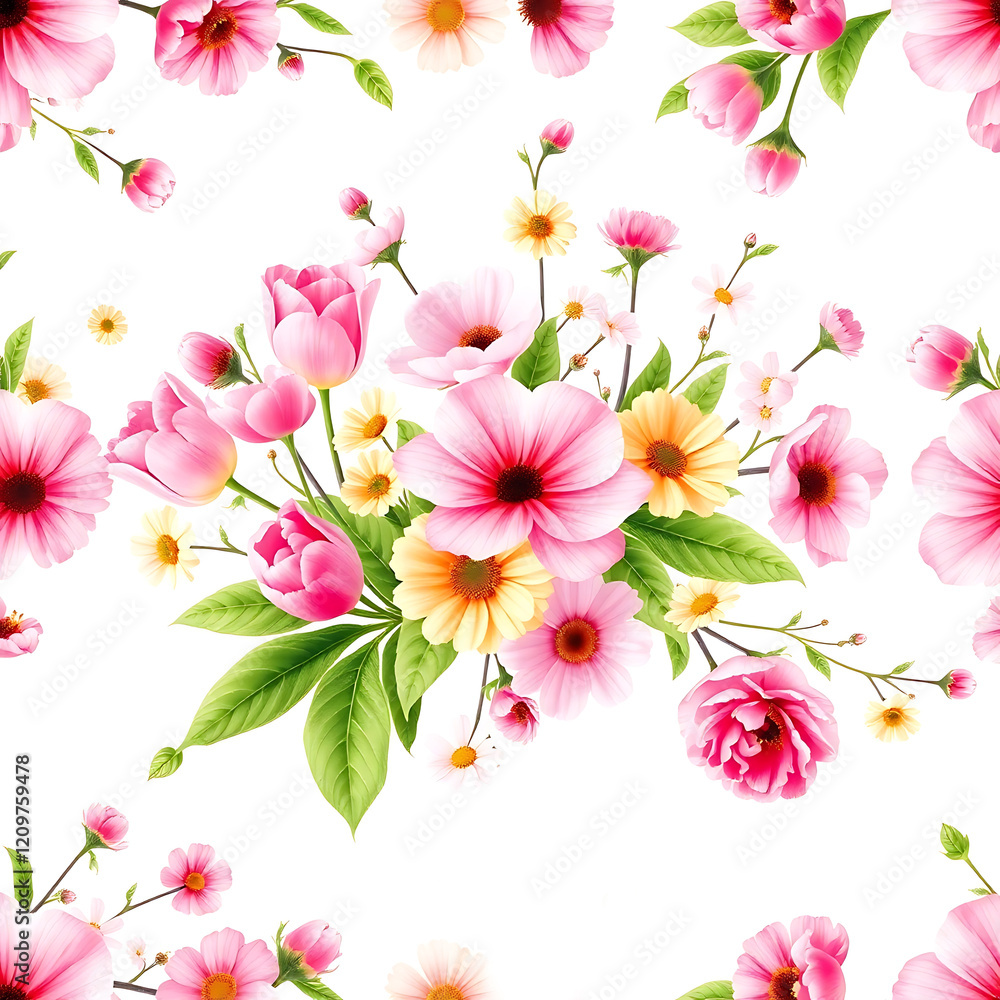 Fototapeta premium Seamless floral pattern with pink flowers on a white background, seamless pattern with flowers, wallpaper and packaging. valentine decoration, illustration, vector,
