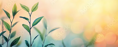 Pastel spring idea. Fresh green leaves catch sunlight, creating a serene and vibrant natural atmosphere.