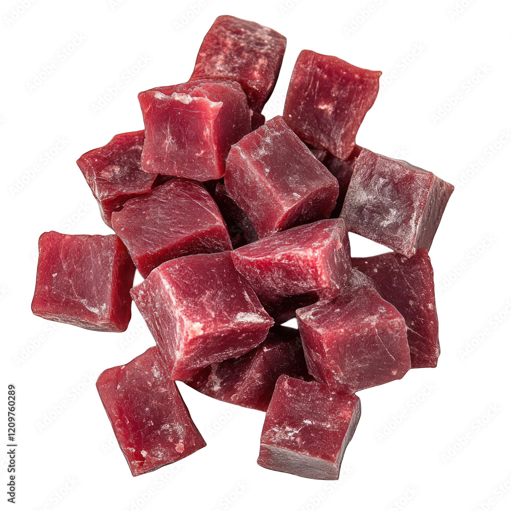 Pile of Pieces of raw beef cubes isolated on transparent background Pile of Pieces of raw beef cubes isolated on transparent background