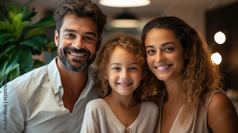 Fototapeta premium Happy family portrait at home, showcasing joy and togetherness. smiling parents and their daughter create warm and loving atmosphere, perfect for family memories
