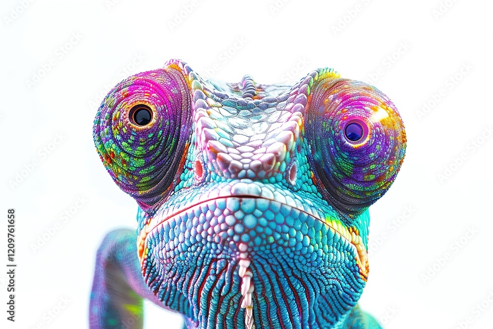Obraz premium A surreal image of a chameleon with kaleidoscope-shaped shades.blank templated, rule of thirds, space for text, isolated white background neon light, extreme right, rule of third