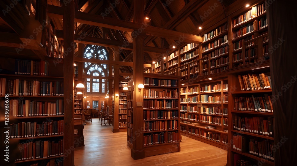 Traditional library hall with cozy reading areas, tall wooden bookshelves, and warm lighting. A peaceful space for study. Traditional library hall with cozy reading areas, tall wooden bookshelves, and warm lighting. A peaceful space for study.