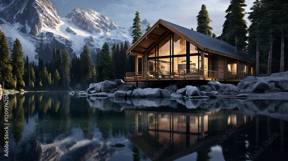 Fototapeta premium A photo of a Mountain Cabin Reflecting Tranquility