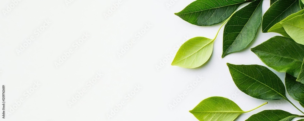 Fototapeta premium Pastel spring idea. A collection of fresh green leaves arranged elegantly on a white surface.