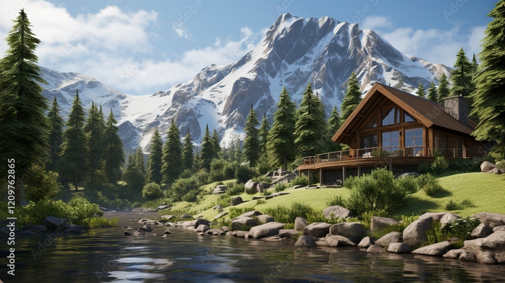 Fototapeta premium A photo of a Mountain Cabin Showcasing Architectural