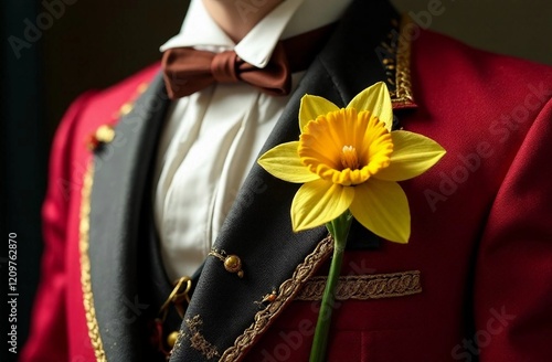 Traditional Welsh cloth with a yellow daffodil flower for Saint David's Day celebration in Wales on the first of March. AI generated image