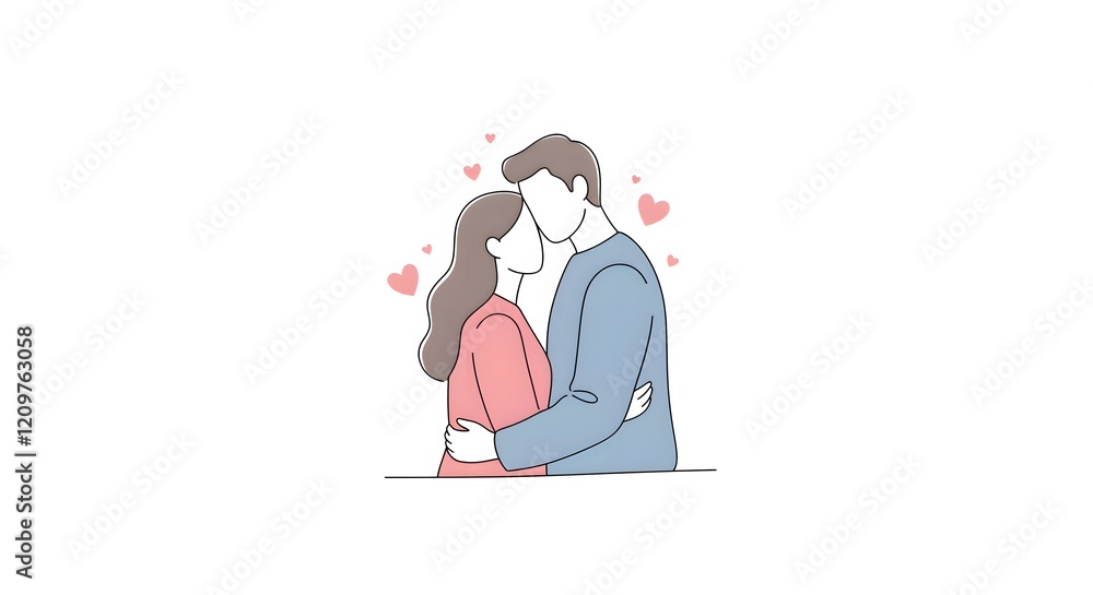 Minimal Illustration of a Couple Embracing with Floating Hearts Minimal Illustration of a Couple Embracing with Floating Hearts