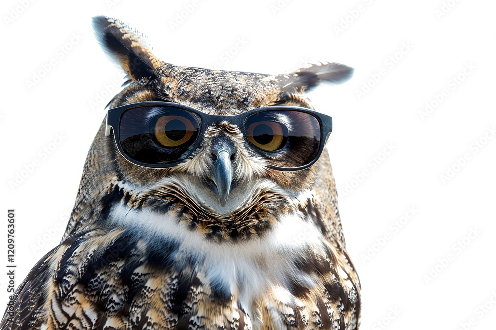 A wise owl perched on a branch, gazing through sunglasses for an editorial ad.blank templated, rule of thirds, space for text, isolated white background neon light, extreme right, rule of third A wise owl perched on a branch, gazing through sunglasses for an editorial ad.blank templated, rule of thirds, space for text, isolated white background neon light, extreme right, rule of third